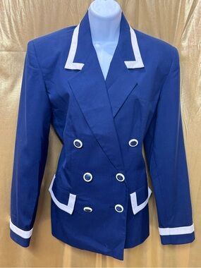 Vintage Morgan Miller Royal Blue Double Breasted Blazer White Trim Size 8